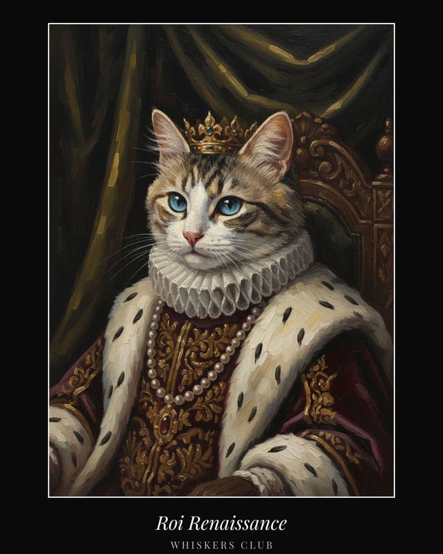 Portrait peint d'un chat en roi de la Renaissance
