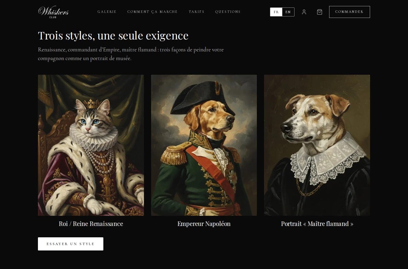 Page « Trois styles, une seule exigence » du site Whiskers Club : portraits Renaissance, Napoléon et maître flamand